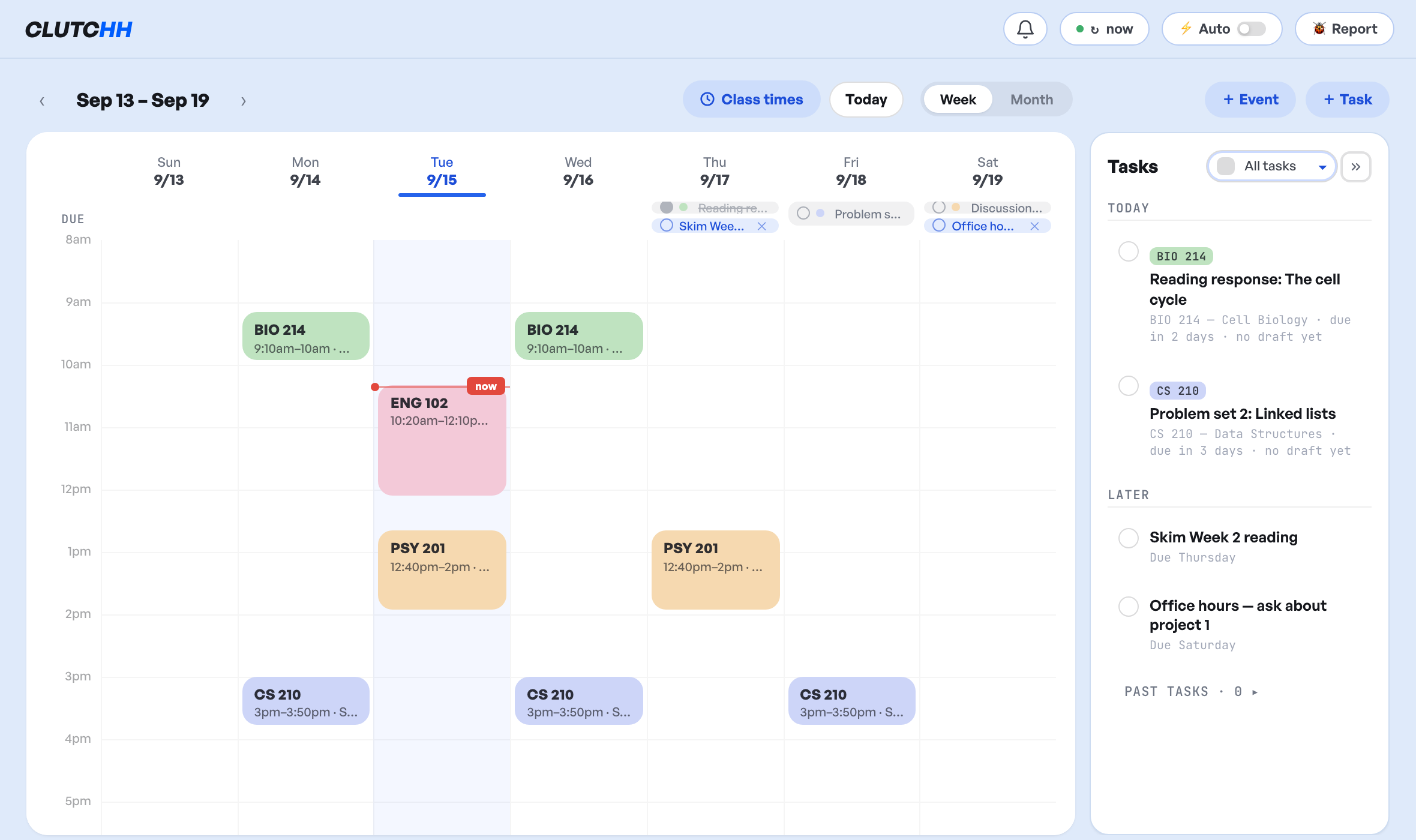 A week of classes and deadlines on the clutchh calendar
