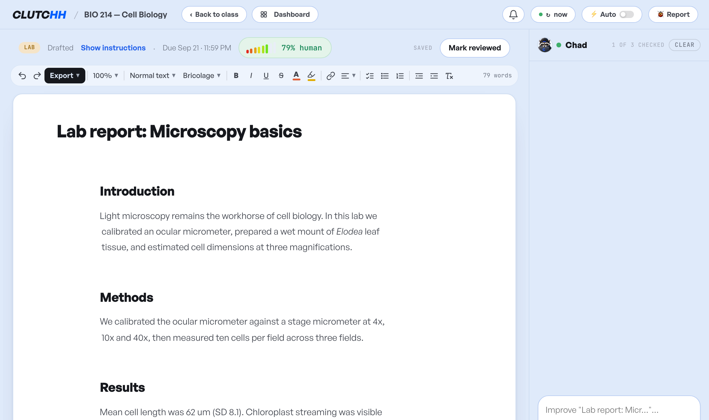 A drafted lab report open beside its assignment instructions